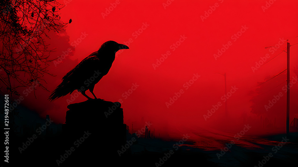 Obraz premium Halloween wallpaper, raven perched on a gravestone along a dark country road, gothic and mysterious charm, deep red and black tones, vintage horror poster style, crisp sharp focus