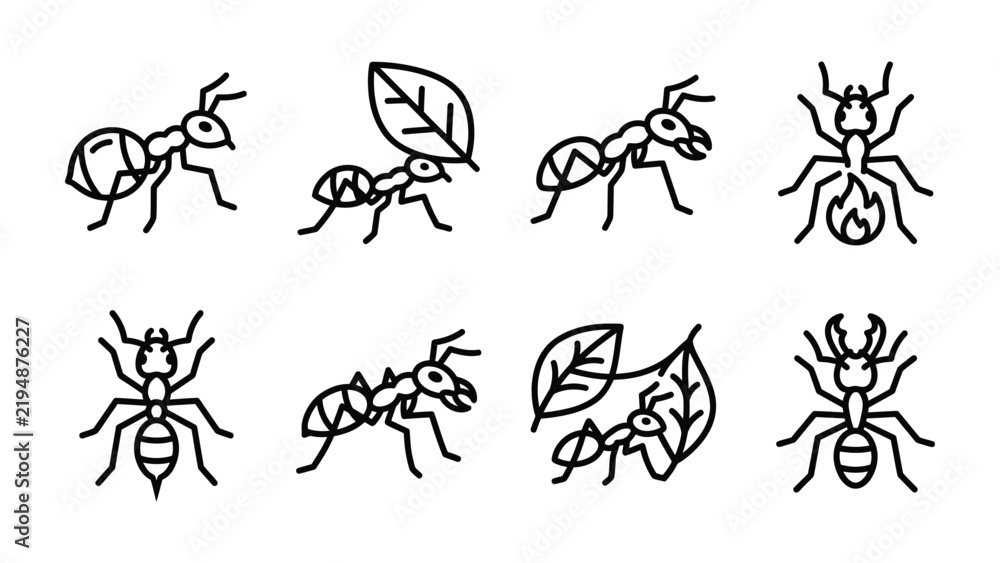 Obraz premium Ants Icon Set: A collection of stylized line art icons depicting ants in various poses and activities, including carrying leaves and standing, perfect for illustrating themes of teamwork and industry.