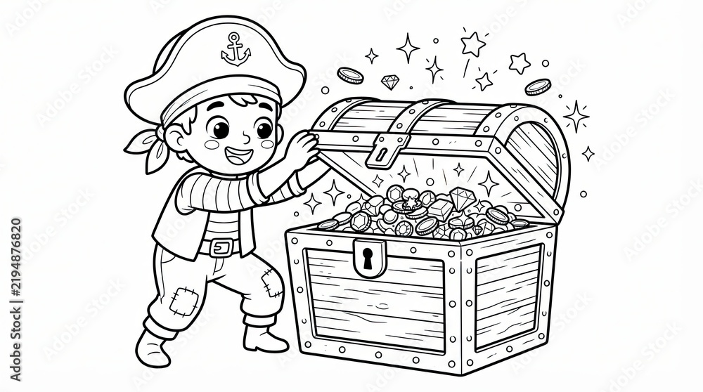 Naklejka premium Happy little pirate boy opening a wooden chest filled with gold coins and diamonds