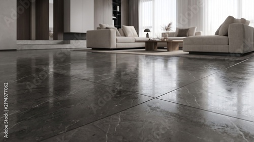 Luxury Modern Interior with Dark Charcoal Marble Flooring