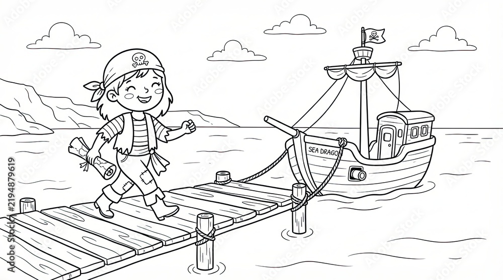 Fototapeta premium Little pirate child holding a treasure map on a wooden pier by a ship