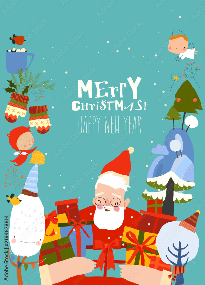 Fototapeta premium Cute Cartoon Frame With Santa Claus, Trees and Christmas Elements