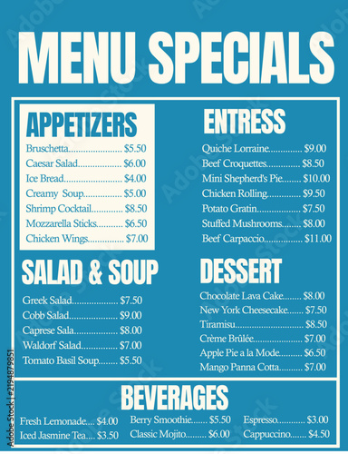 Classic blue menu specials template design with appetizers, entrees, salad, soup, dessert, and beverages