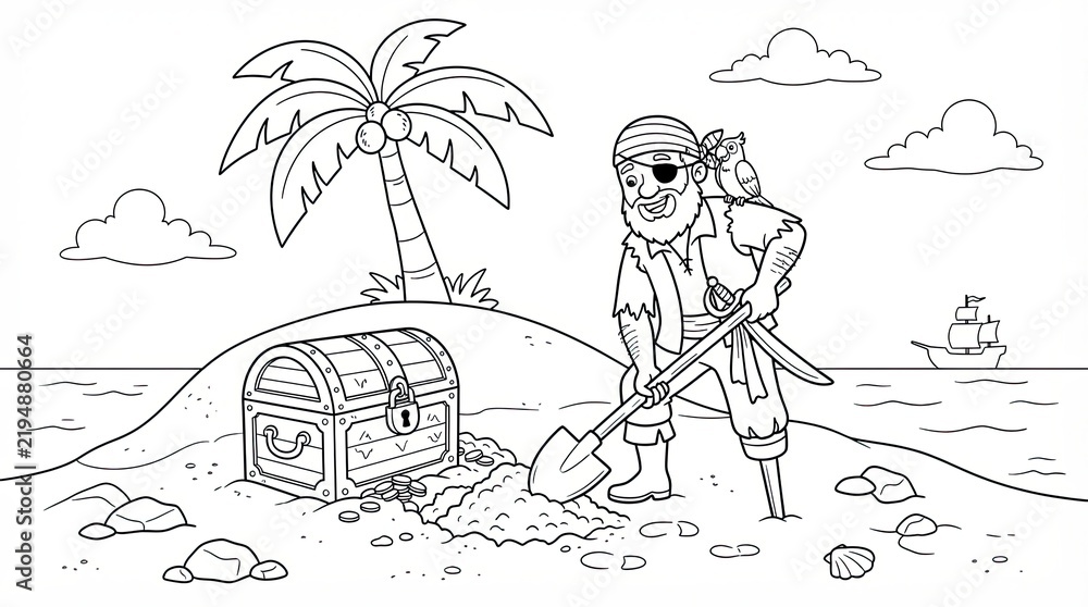 Obraz premium Cartoon pirate digging for treasure chest on a tropical island