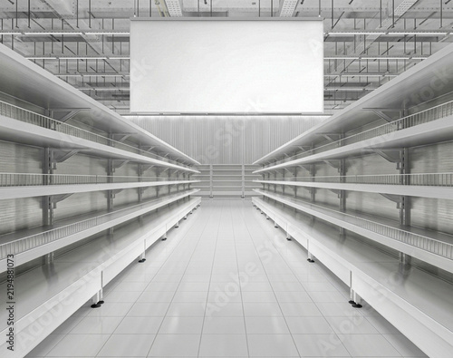 Empty Supermarket Aisle with Blank Hanging Billboard Sign Mockup and Metallic Shelves