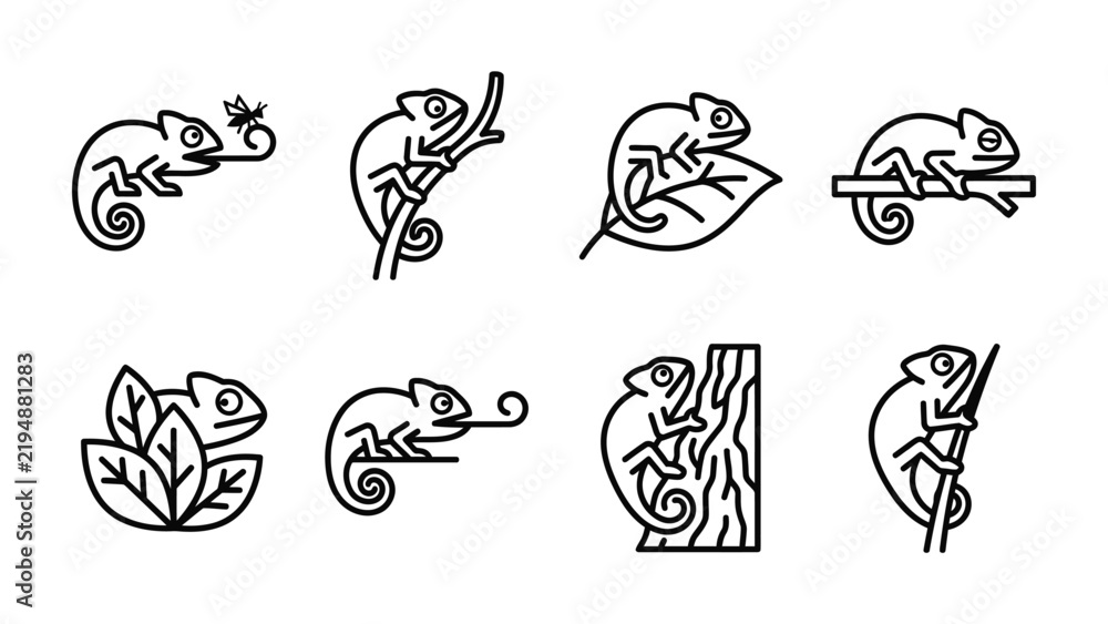 Obraz premium Chameleon Icons: A collection of minimalist line art icons showcasing chameleons in various poses and environments, including hunting, climbing, and resting on leaves.