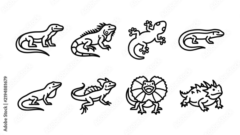 Obraz premium Lizard Icon Collection: A set of stylized line art icons depicting various types of lizards, including iguanas and frilled lizards, in a clean graphic representation.