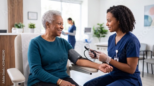 Senior female patient receiving medical blood pressure check