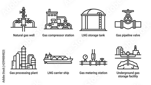 Natural Gas Industry Icons: A set of eight monochrome line icons depicting essential components of the natural gas industry, including a wellhead, compressor station, storage tank, valve.