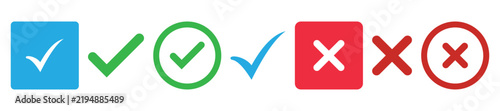 Tick and cross signs. Green tick OK and red X cross. YES and NO. False and true, right and wrong. Correct and incorrect, accept and reject. Digital content