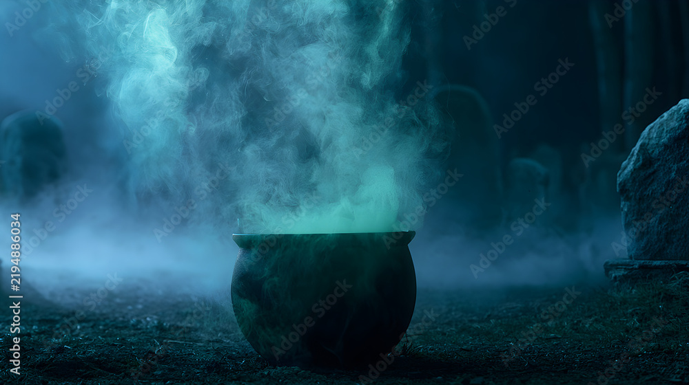 Obraz premium Halloween wallpaper, witch's cauldron bubbling with green smoke in a misty graveyard, eerie and chilling atmosphere, midnight blue and silver palette, cinematic photography style, rich moody textures