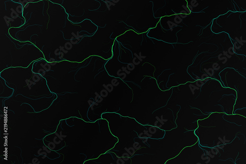 Abstract glowing neon green neural network lines on black background, digital lightning waves or electric vein texture