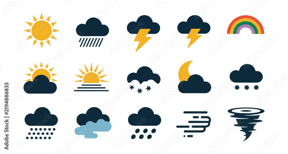 Obraz premium Atmospheric Weather Forecast,Symbols with Vector Design and Illustration Showing Sun Rain Snow, Storm Lightning and Wind Icon Set