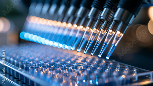 Macro close-up of a glowing blue automated liquid handling robot, the detail pipette tips and microplate wells in crisp focus, active dispensing motion, with copy space