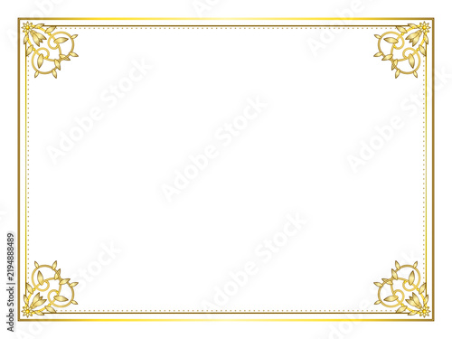 Elegant golden decorative rectangular frame with ornate floral corner flourishes design transparent background