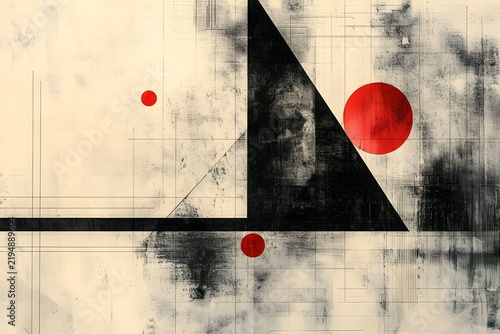 Black triangle and red circles on textured beige abstract background