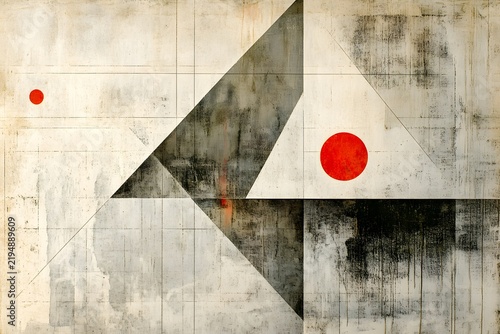 Abstract geometric composition with red circles on textured background