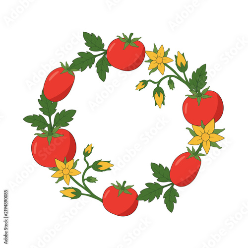 Hand drawn tomato vine wreath with ripe tomatoes, green leaves and yellow flowers surrounding an open center.