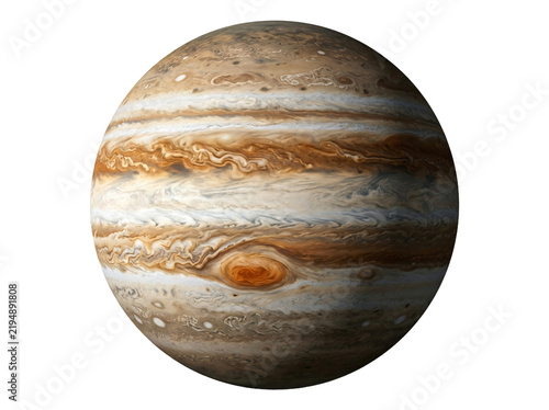 Planet Jupiter with Great Red Spot isolated on white | Gas giant atmospheric cloud bands and storms | High resolution 3D render of Jupiter solar system planet | Realistic astronomical illustration