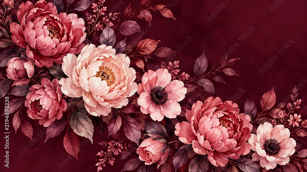 Obraz premium Elegant watercolor floral arrangement with pink and deep red peonies and anemones on a dark burgundy background