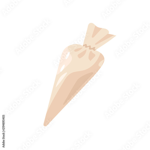 Pastry bag filled with sweet cream or icing for decorating cakes and cookies isolated on white background. Baking kitchen tool vector element.