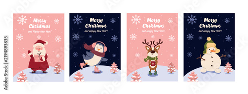 Set of Christmas vertical cards featuring Santa Claus, ice skating penguin, reindeer, and snowman with snowflakes and trees. Holiday vector poster collection.
