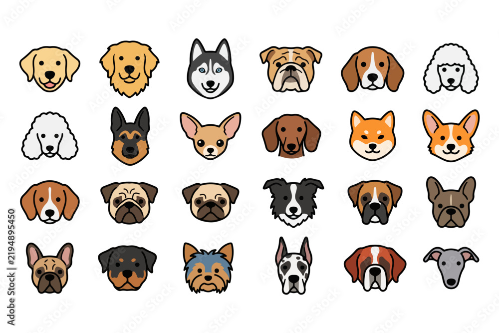 Obraz premium Cute Dog Head Icons Set – Collection of Different Dog Breeds