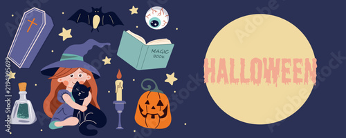 Happy Halloween horizontal banner featuring cute little witch girl holding black cat, pumpkin jack o lantern, magic book, bat, and coffin on dark purple background. Vector banner layout.