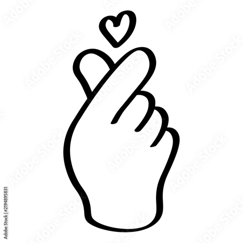 Finger heart hand sign doodle vector illustration. Minimalist line art cute gesture of love and K-pop culture isolated on white background