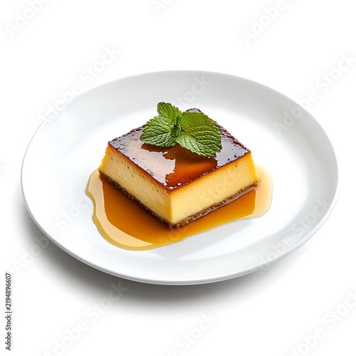 Delicious flan dessert square on plate isolated on white background