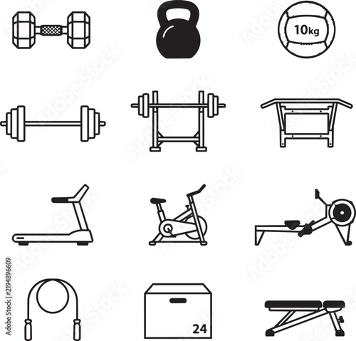 Gym and Fitness Workout Equipment Icon Set Vector Illustration