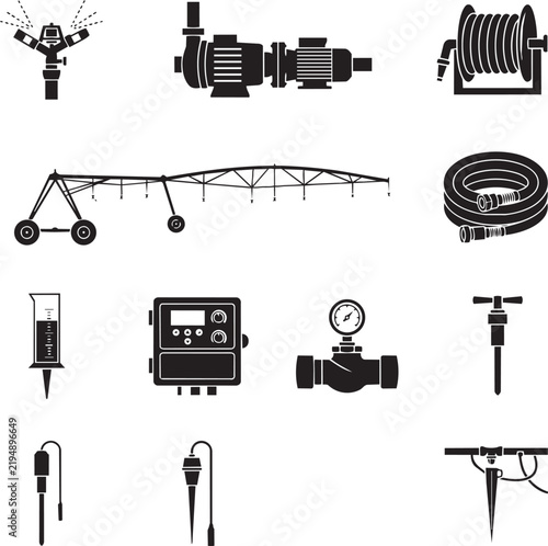 Agricultural Irrigation System and Equipment Icon Set Vector Illustration