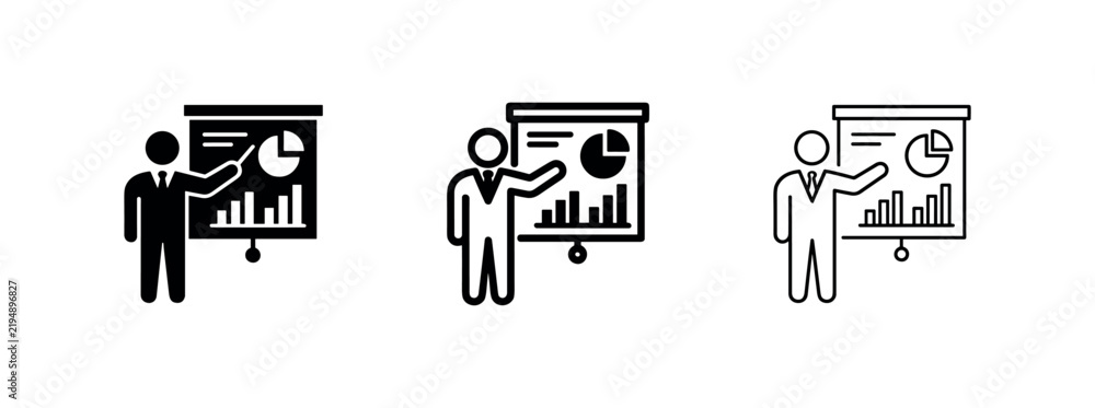 Fototapeta premium Businessman giving presentation with charts icon. Data visualization and marketing meeting symbol.