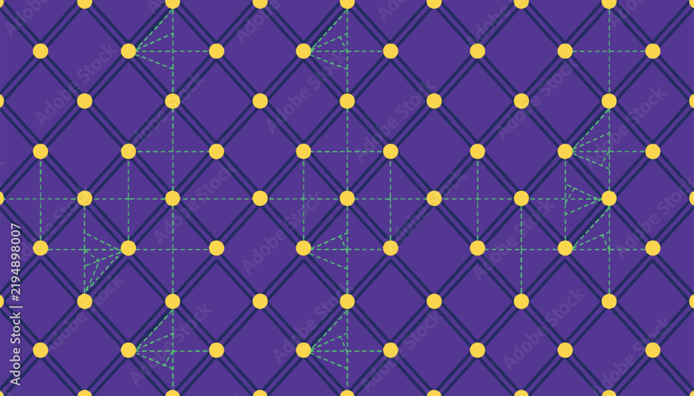 Obraz premium Geometric purple grid pattern with yellow circular nodes and green dashed lines for abstract background design.