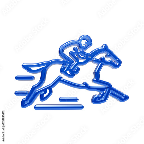 Foto Glossy blue neon jockey riding a galloping racehorse with motion lines on a blac