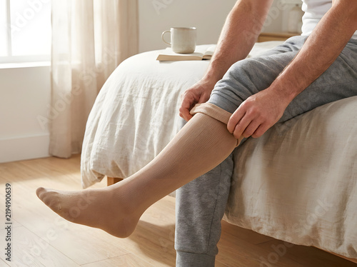 Man putting on a compression stocking in a bright domestic setting