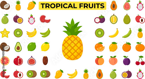 Collection of Twenty Five Colorful Tropical and Exotic Fruits in Flat Design Style with Pineapple Centered