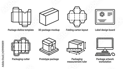 Packaging Design Elements: A collection of technical drawings and diagrams illustrating various aspects of packaging design, including dieline templates, 3D mockups, carton layouts, label design.
