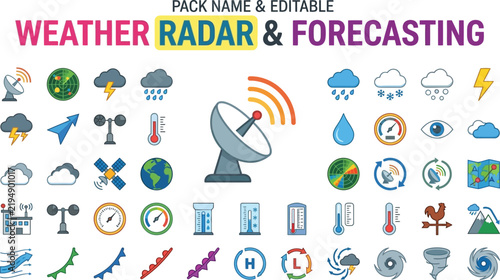 Weather Radar Forecasting Icons Set with Satellite Weather Station Meteorology Symbols for Presentations Apps Infographics
