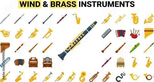 Comprehensive Collection of Wind and Brass Musical Instruments Including Flute Clarinet Saxophone Trumpet Trombone Tuba Accordion Harmonica Piano and More