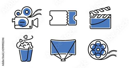 Cinema and Movie Theater Continuous Line Icon Set, Film, Ticket, Popcorn and Entertainment Vector