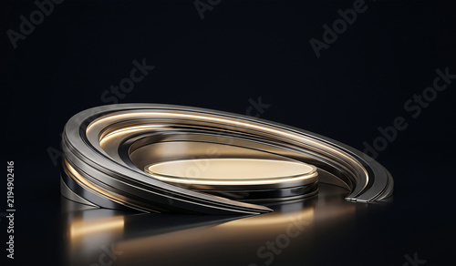 Futuristic luxury 3d podium with metallic dynamic spiral ring and glowing gold light studio background.