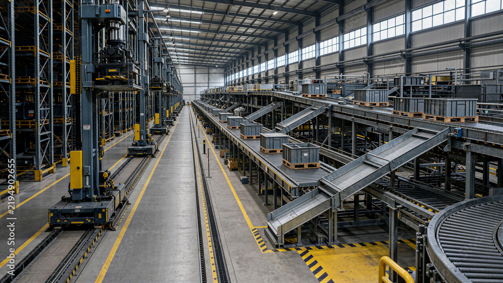 Fototapeta premium Modern Automated Warehouse with Conveyor Systems and High Storage Racks for Logistics and Distribution
