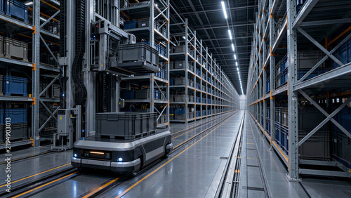 Automated Warehouse Logistics, Robotic Pallet Jack Moving Crate, High-Tech Storage System, Industrial Distribution Center Interior, Modern Supply Chain Operations