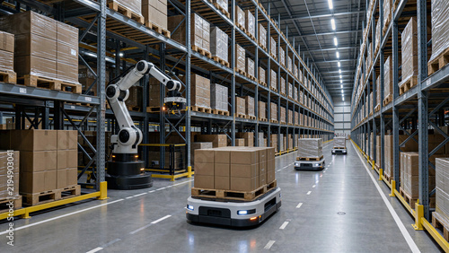 Automated Warehouse Logistics: Robotic Arm and Autonomous Vehicles in Modern Distribution Center, Cardboard Boxes on Pallets, Industrial Storage Facility