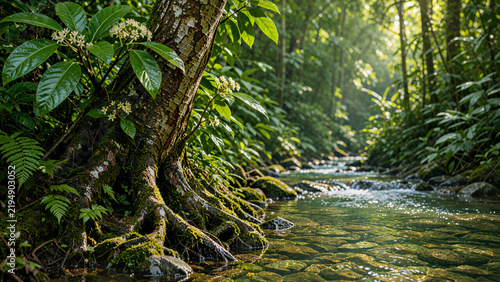 Lush Tropical Rainforest Stream, Verdant Jungle Ecosystem, Sunlit Forest Creek, Dense Green Foliage, Serene Nature Landscape
