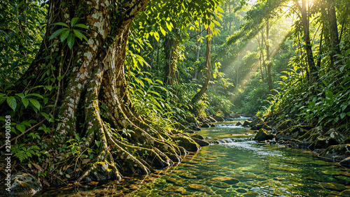 Lush Tropical Rainforest Stream, Sunlight Rays Through Dense Green Canopy, Ancient Tree Roots, Serene Wilderness Landscape, Natural Ecosystem Beauty