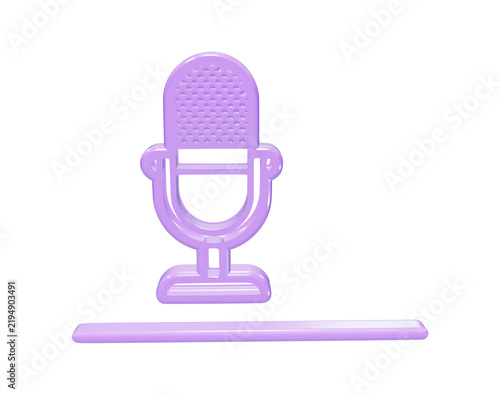 A3d rendered purple microphone featuring a classic studio microphone shape with a mesh head and stand, isolated on a white background