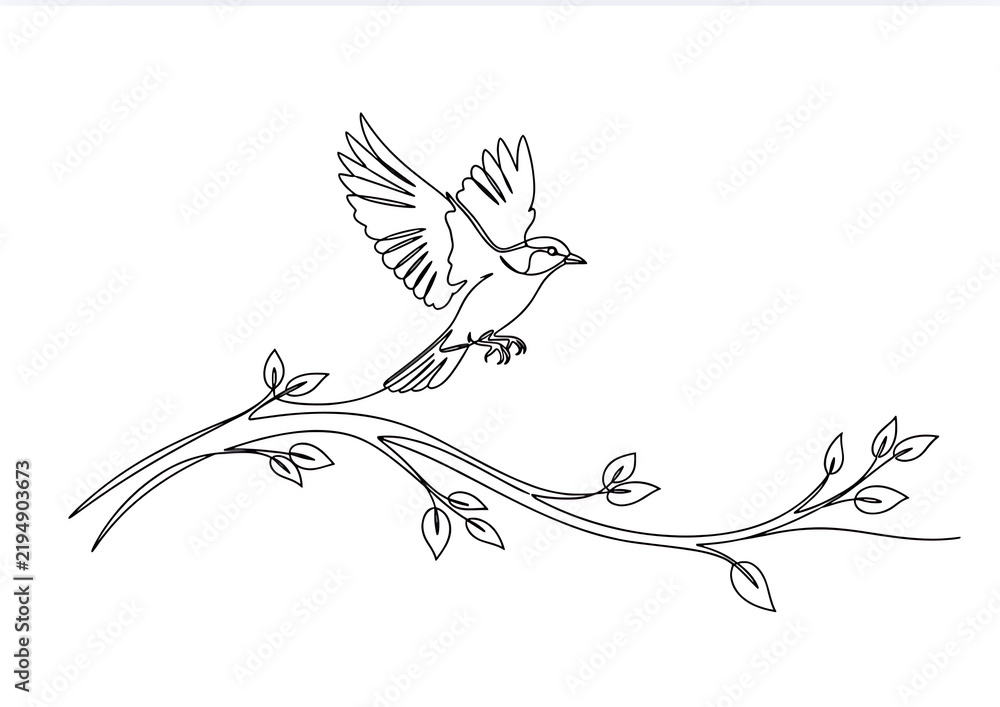 Fototapeta premium Hand Drawn Bird Flying Above a Curved Tree Branch