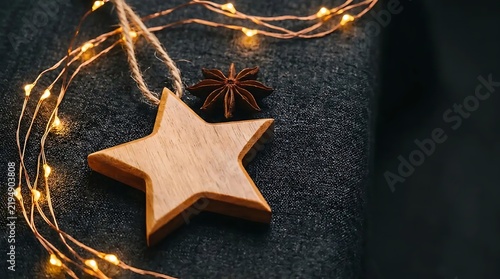 Christmas wooden star ornament with glowing string lights and star anise on dark surface christmas ornament decoration background celebration interior